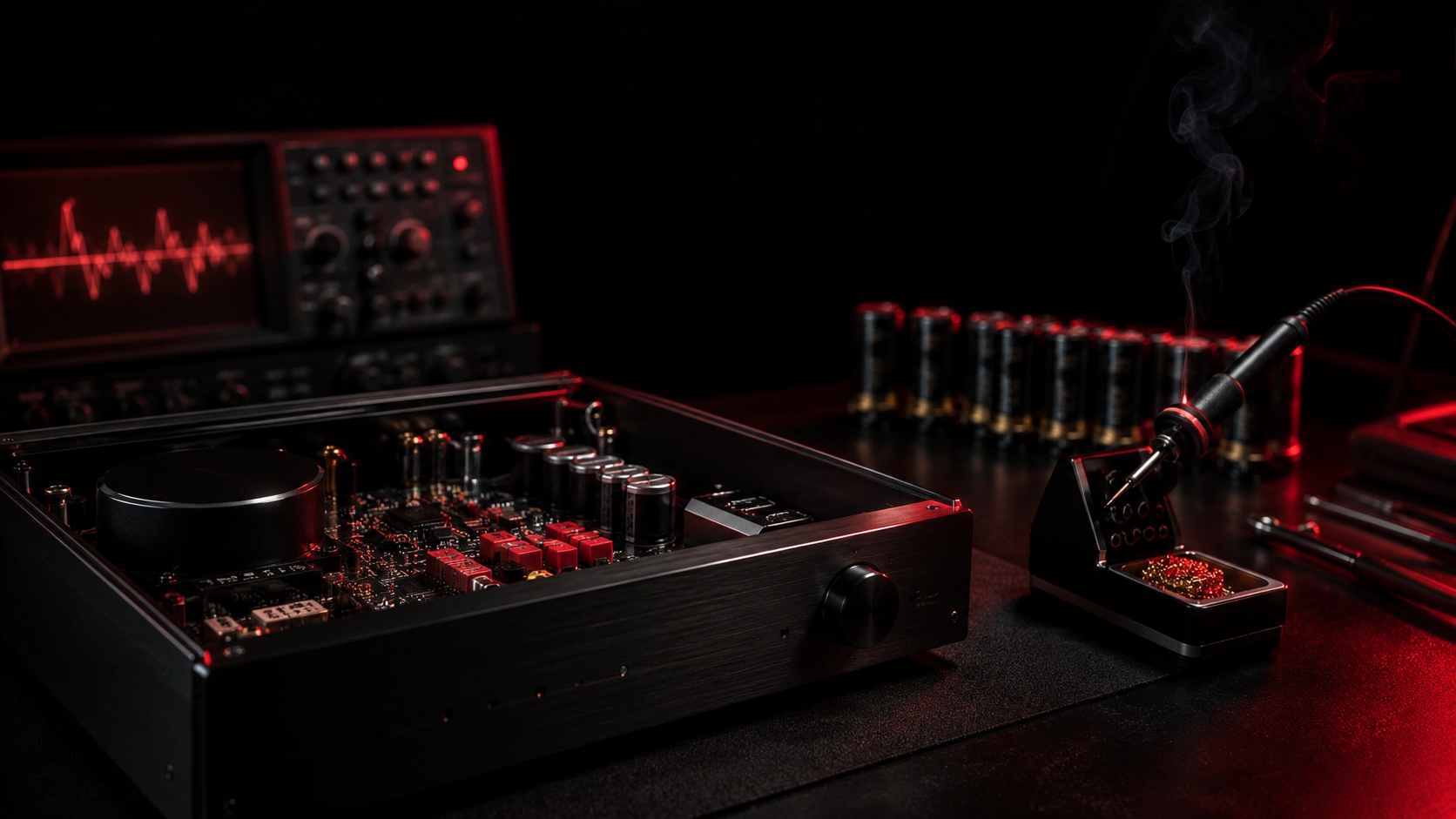 The master’s bench: soldering station, oscilloscope, an opened DAC